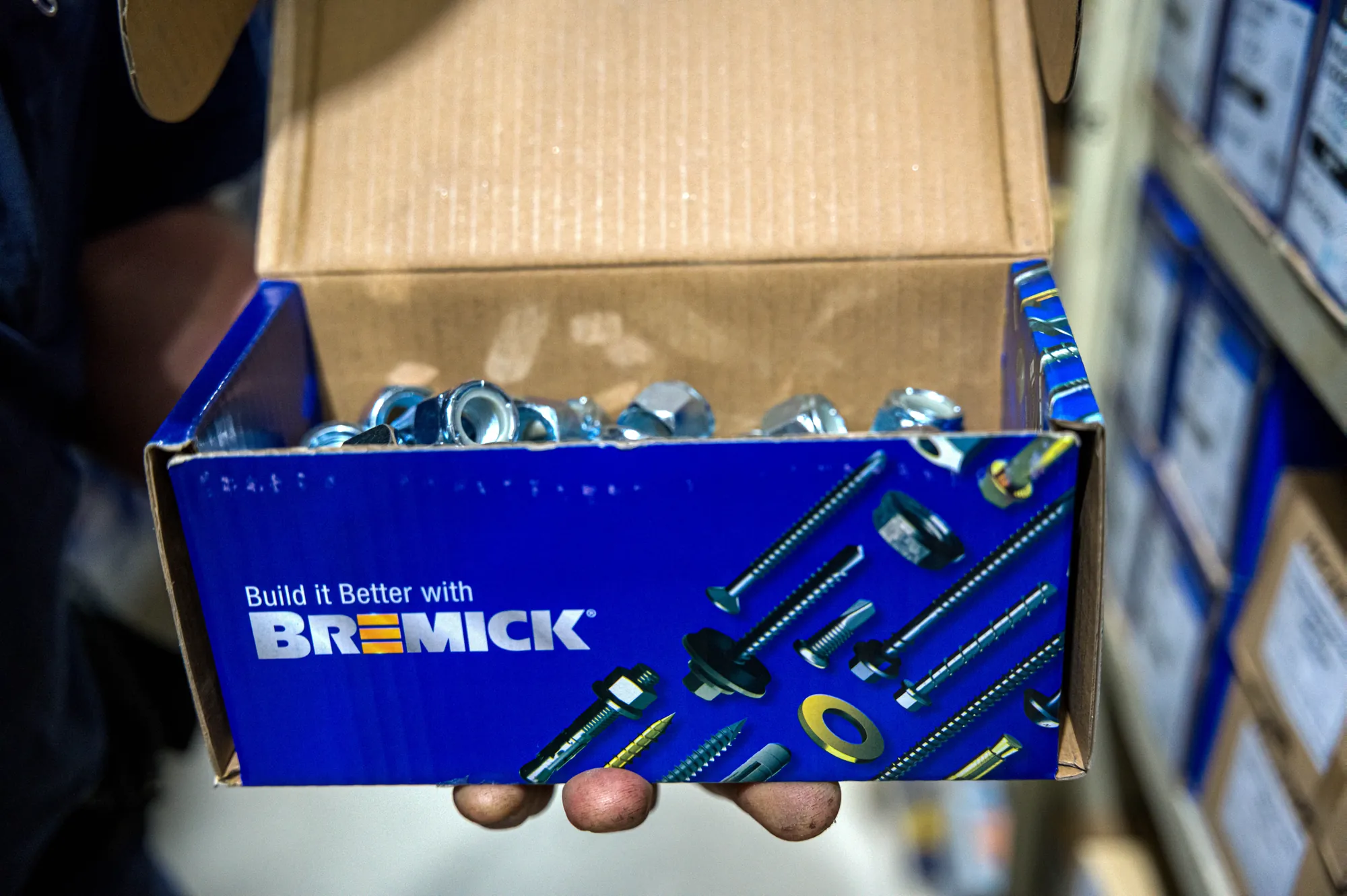Open Bremick box full of bolts in the warehouse